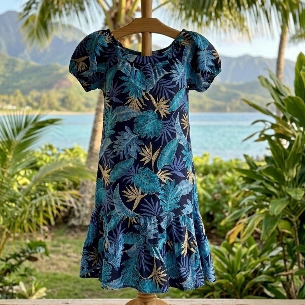 Vtg Karyl Kaye Made in Hawaii Blue Tropical Monstera Leaf Cotton Dress Women's L